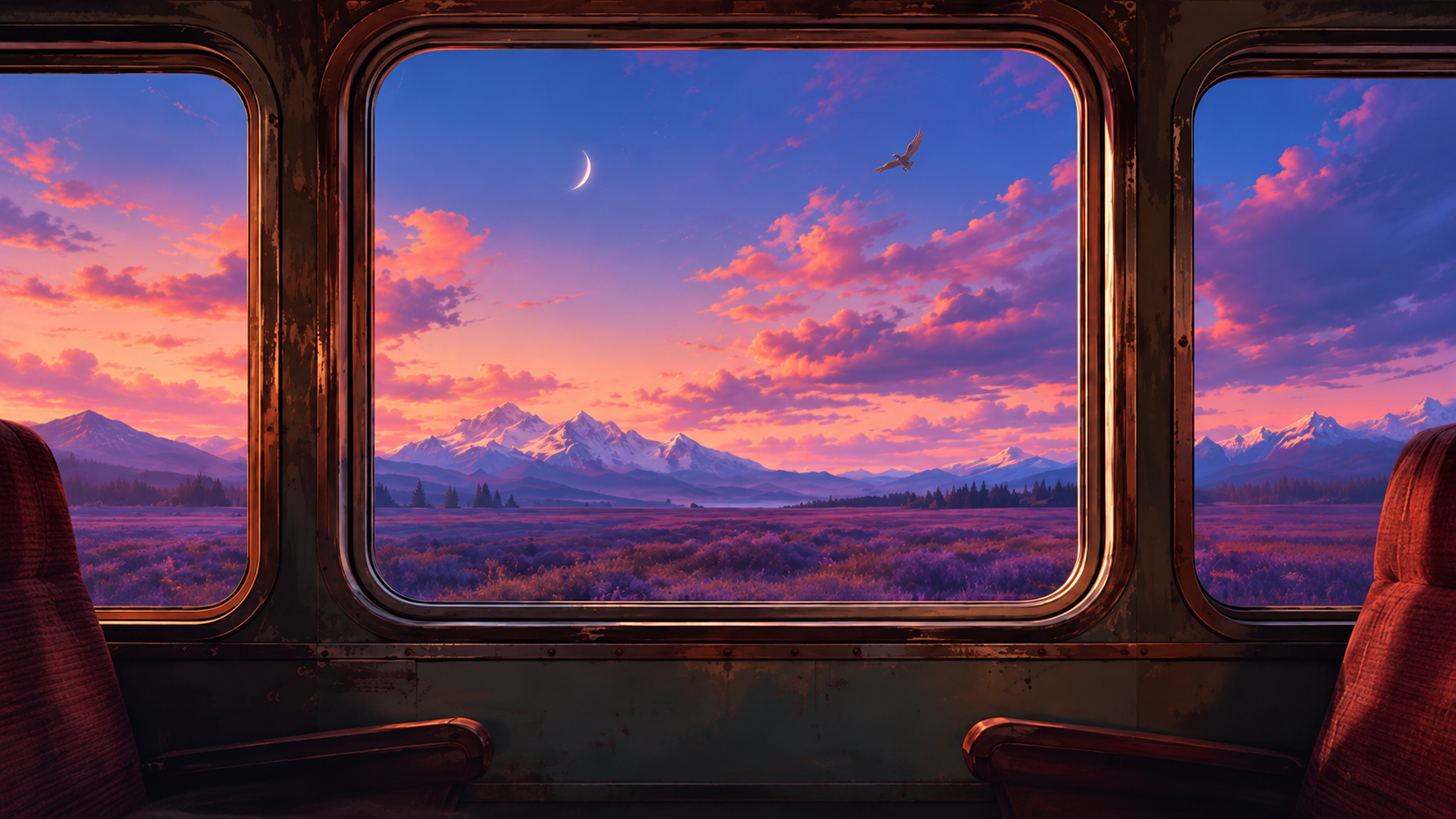 Sunset mountains seen through a train window